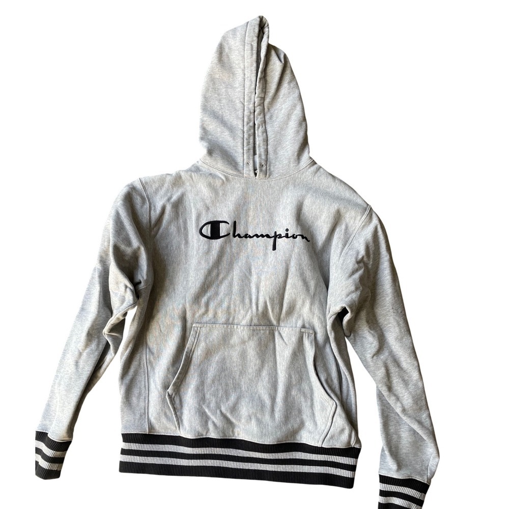 Champion Reverse Weave Hoodie Sweatshirt‎ Gray Black Stripe Pullover Mens Large